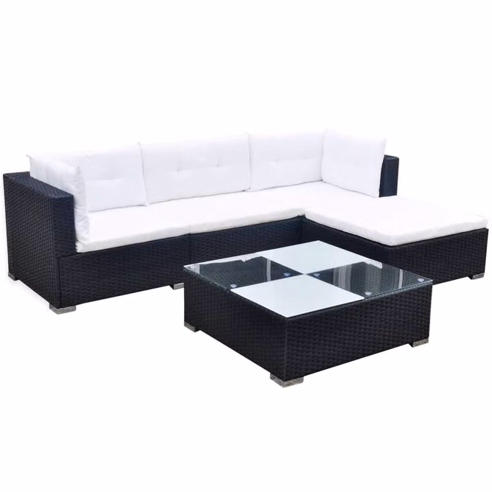 Berkfield Home Modern 5 Piece L-Shape Garden Lounge Set in Black Poly Rattan with White Cushions – 2
