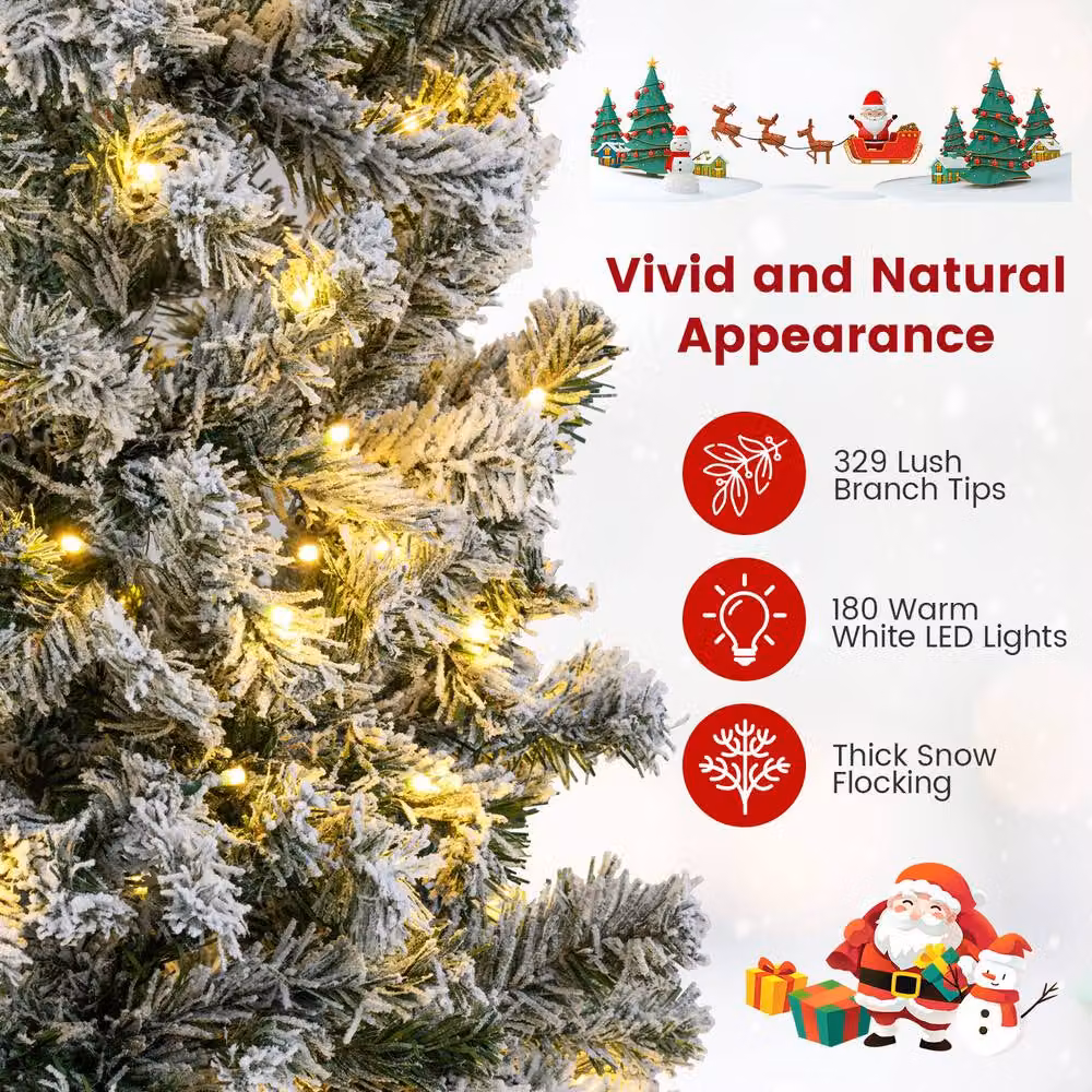 Gymax 150 cm Pre-Lit Slim Pencil Christmas Tree in Green with Thick Snow-flocking – 4