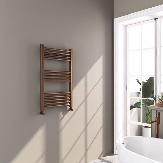 Bathroom Kingdom Omata Brushed Bronze Straight Heated Towel Rail, Brown, W: 800 mm, H: 500 mm