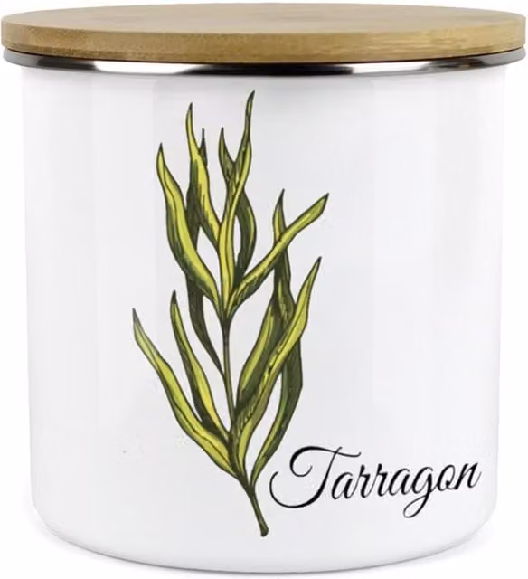 Purely Home Classic Herbs Kitchen Food Storage Canister, Tarragon, White Enamel Ceramic