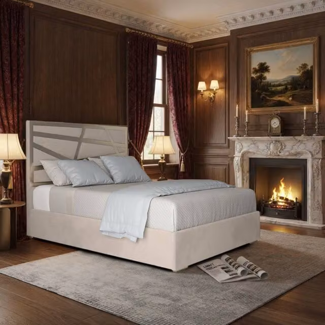 KDMD Frogham Upholstered Soft Velvet Designer Bed Frame in Beige with Metal Details, Size: Single (90 x 190 cm)