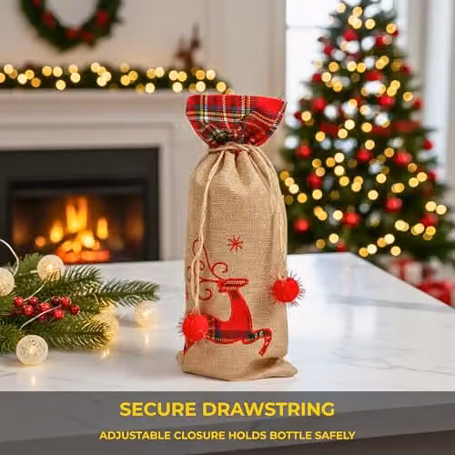 Shatchi Christmas Reindeer Wine Bottle Cover in Brown Burlap Hessian Linen with Drawstring Closure – 5