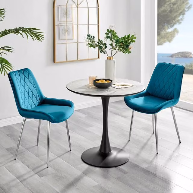 FurnitureboxUK Elina White Marble Effect Round Dining Table and 2 Pesaro Silver Chairs in Blue