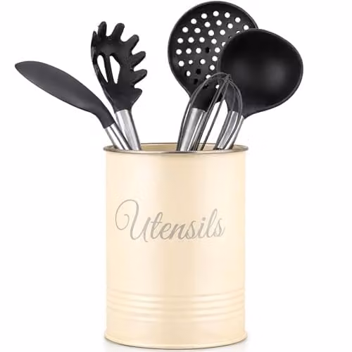 Innoteck Metal Utensil Holder and Cutlery Organiser in Cream, W/D/H: 13.5 x 17.4 x 13.5 cm – 1