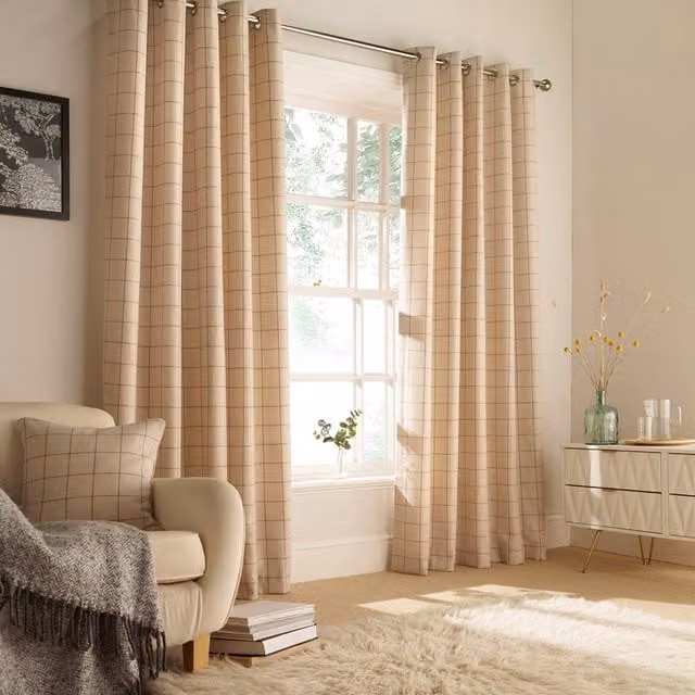 Make It A Home Checked Thermal Insulating Eyelet Curtain Pair in Beige and Yellow, Height: 183 cm