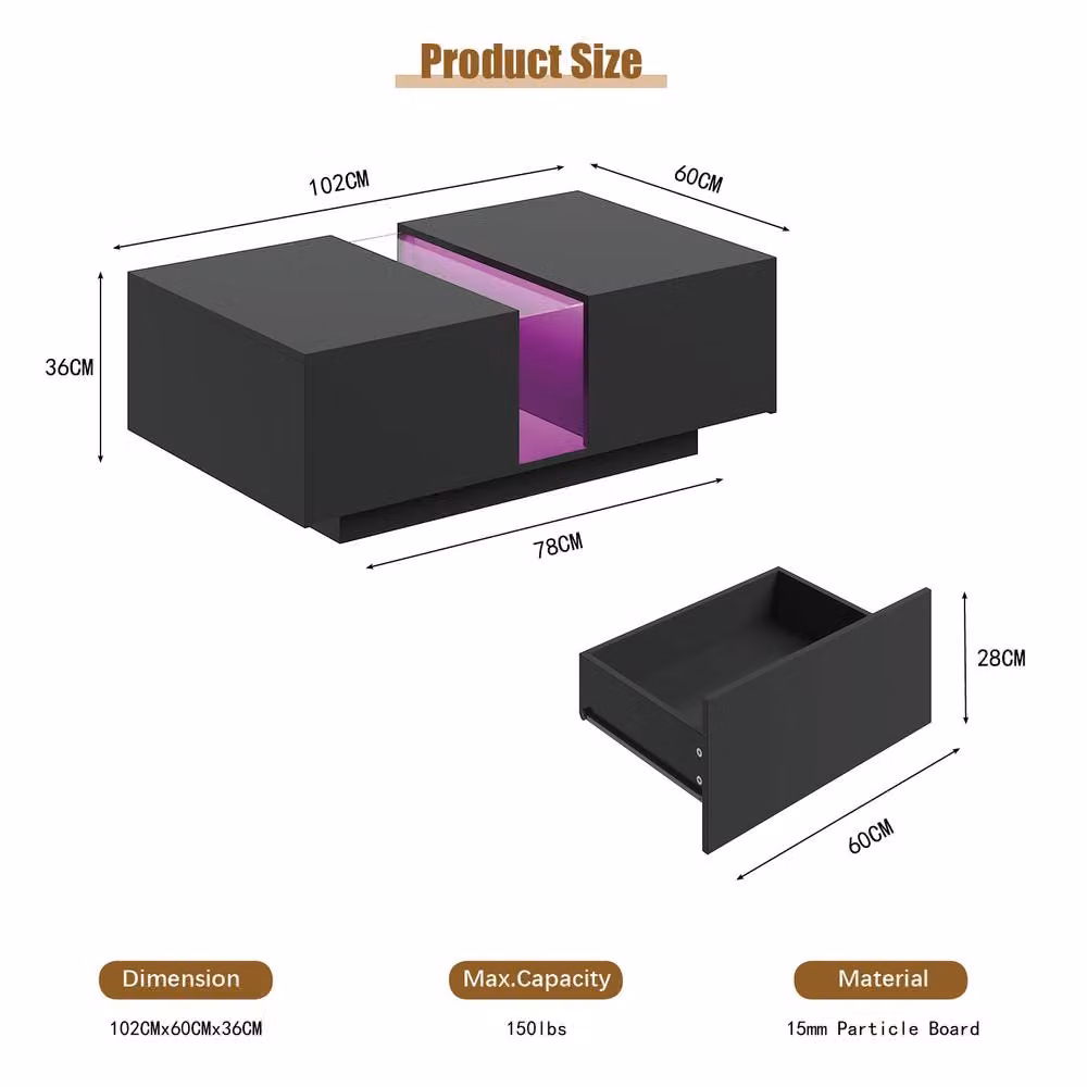 KEEPREAPER Modern Rectangular Coffee Table with Storage and Sliding Drawers in Black – 3