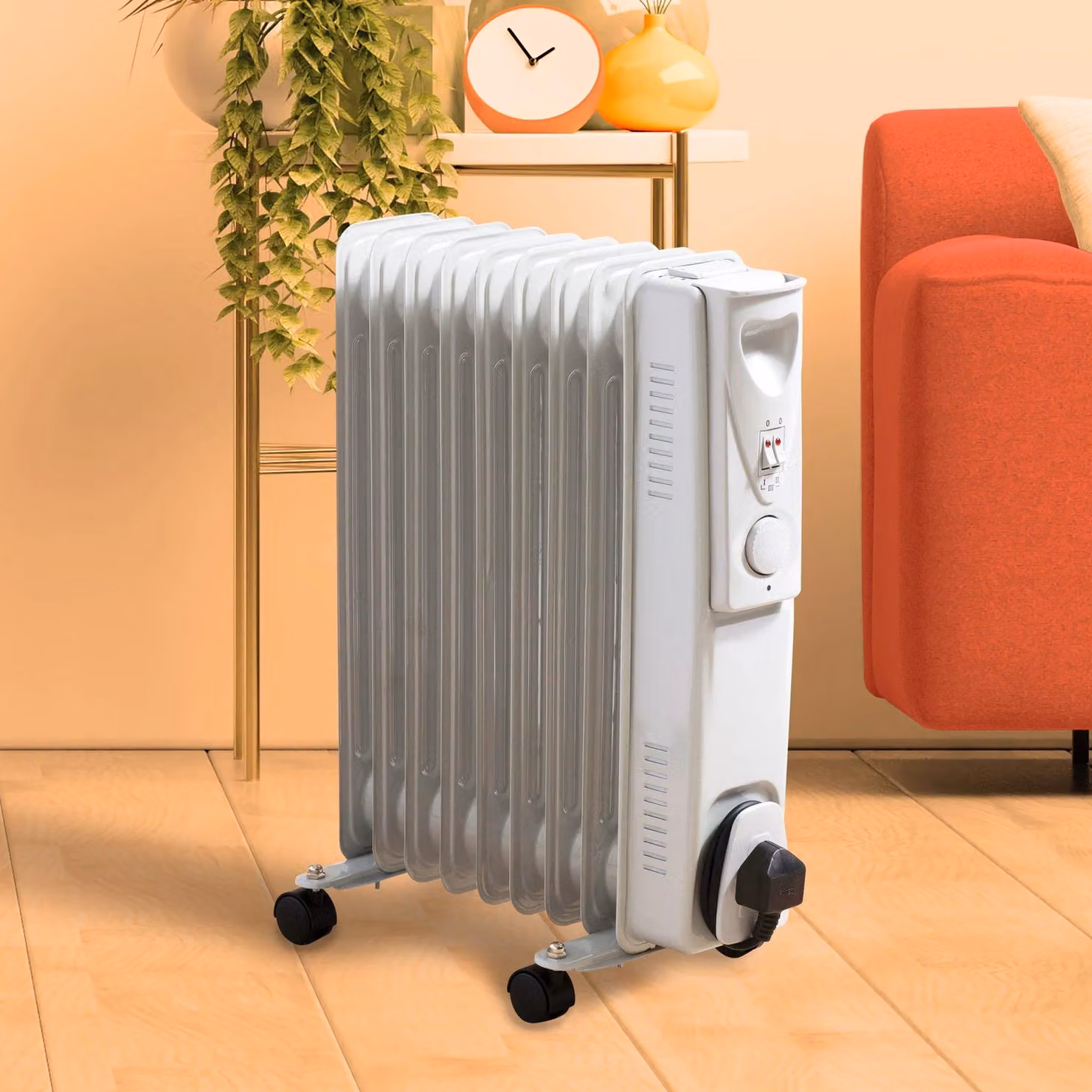 Daewoo 2000W 9 Fin Oil Filled Radiator with Adjustable Thermostat, Tilt and Overheat Protection, White – 2