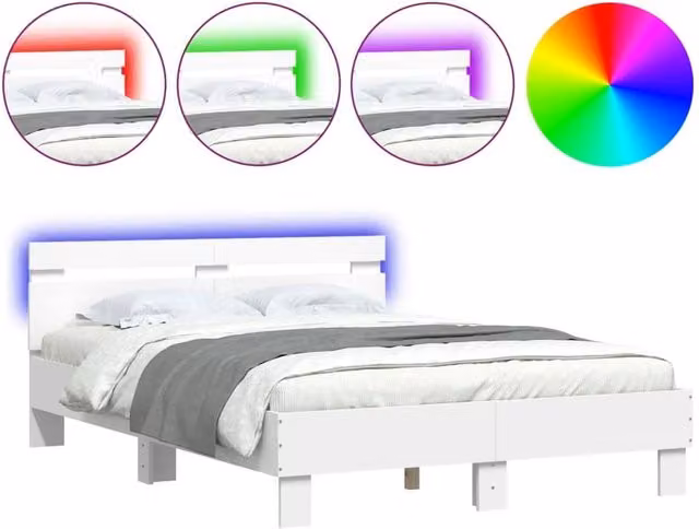 Berkfield Home Modern White Double Bed Frame with LED Under-Bed Lighting and USB Charging Port, W: 135 cm, L: 190 cm