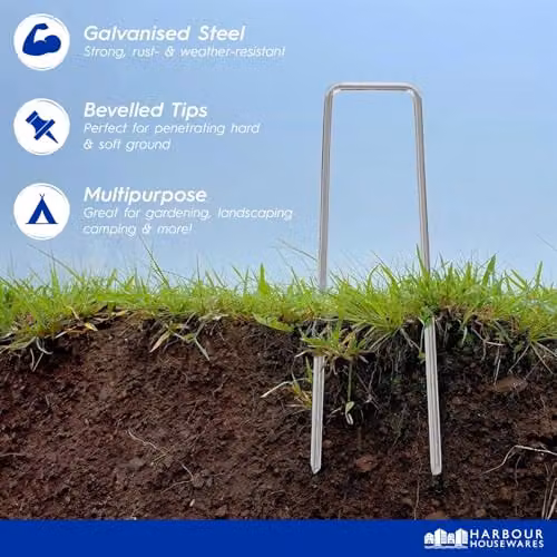 Harbour Housewares U-Shaped Galvanised Steel Weed Control Membrane Pegs in Silver – 2