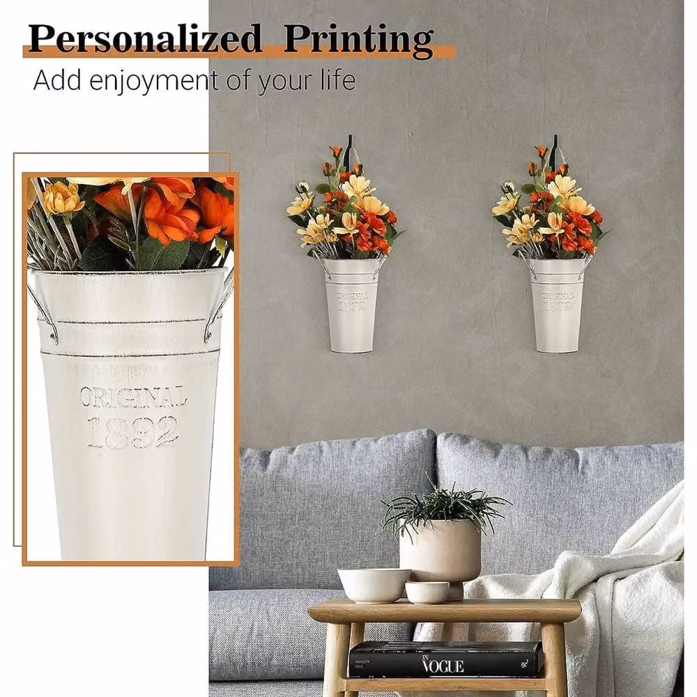 VOGREX Set of 2 White Galvanised Metal Rustic Hanging Wall Planters – 3