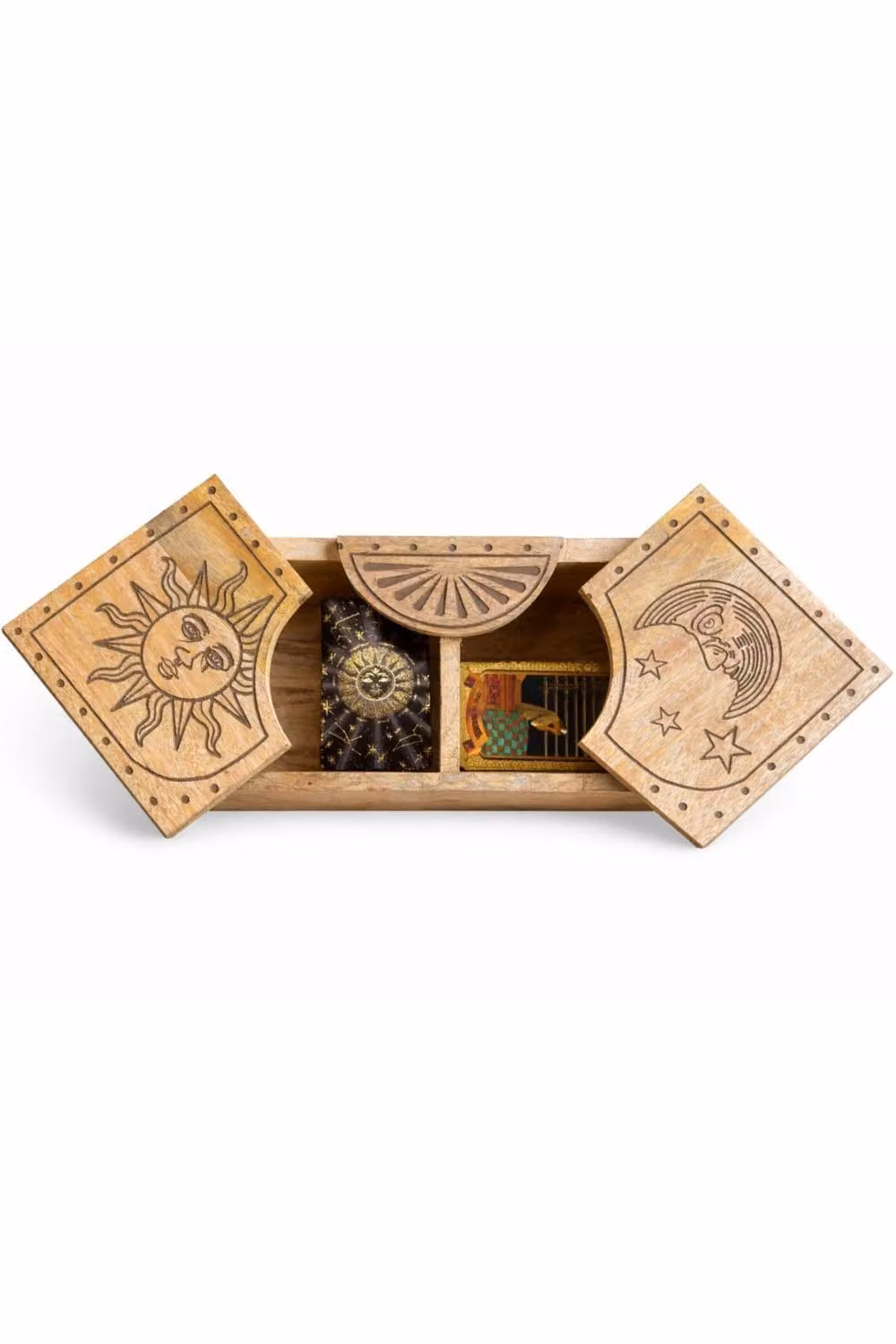 KDMD Sun Moon Carved Wooden Sliding Storage Box for Tarot Decks in Brown – 2