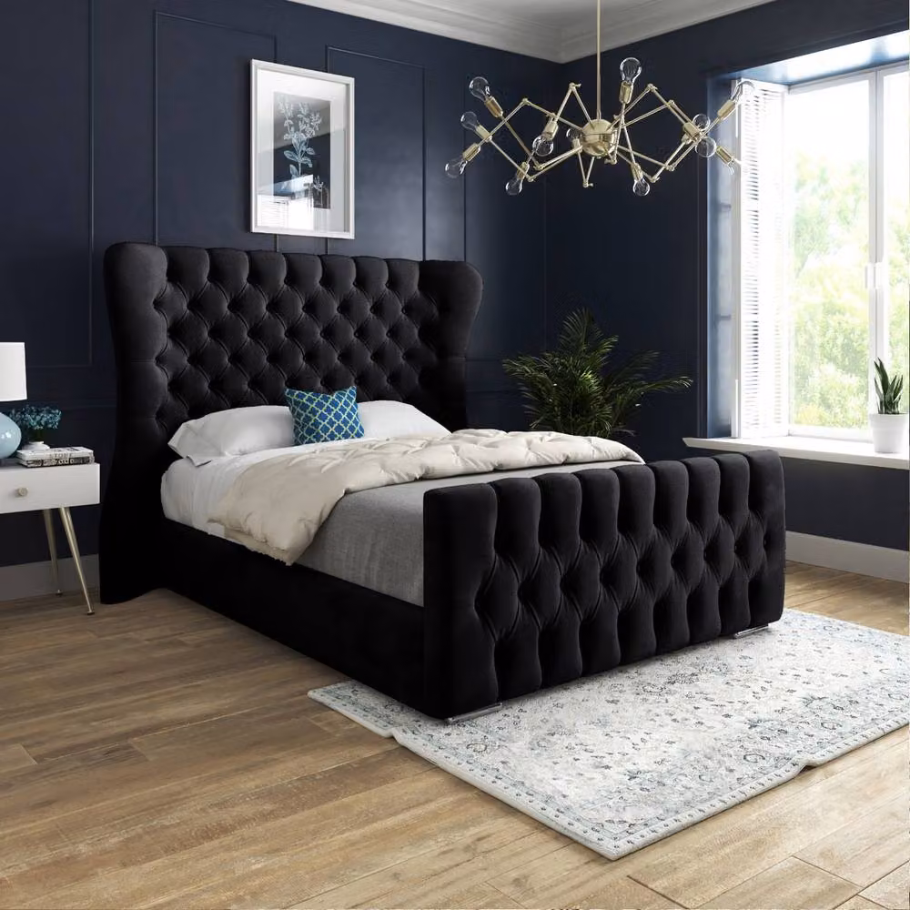 Casani Rendlesham Upholstered Velvet Designer Bed Frame in Black, W/D/H: 90 x 200 x 137 cm – 2