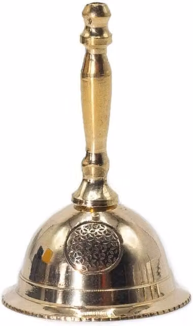 KDMD Handcrafted Small Brass Altar Bell with Flower of Life Symbol in Gold, Diameter: 7 cm