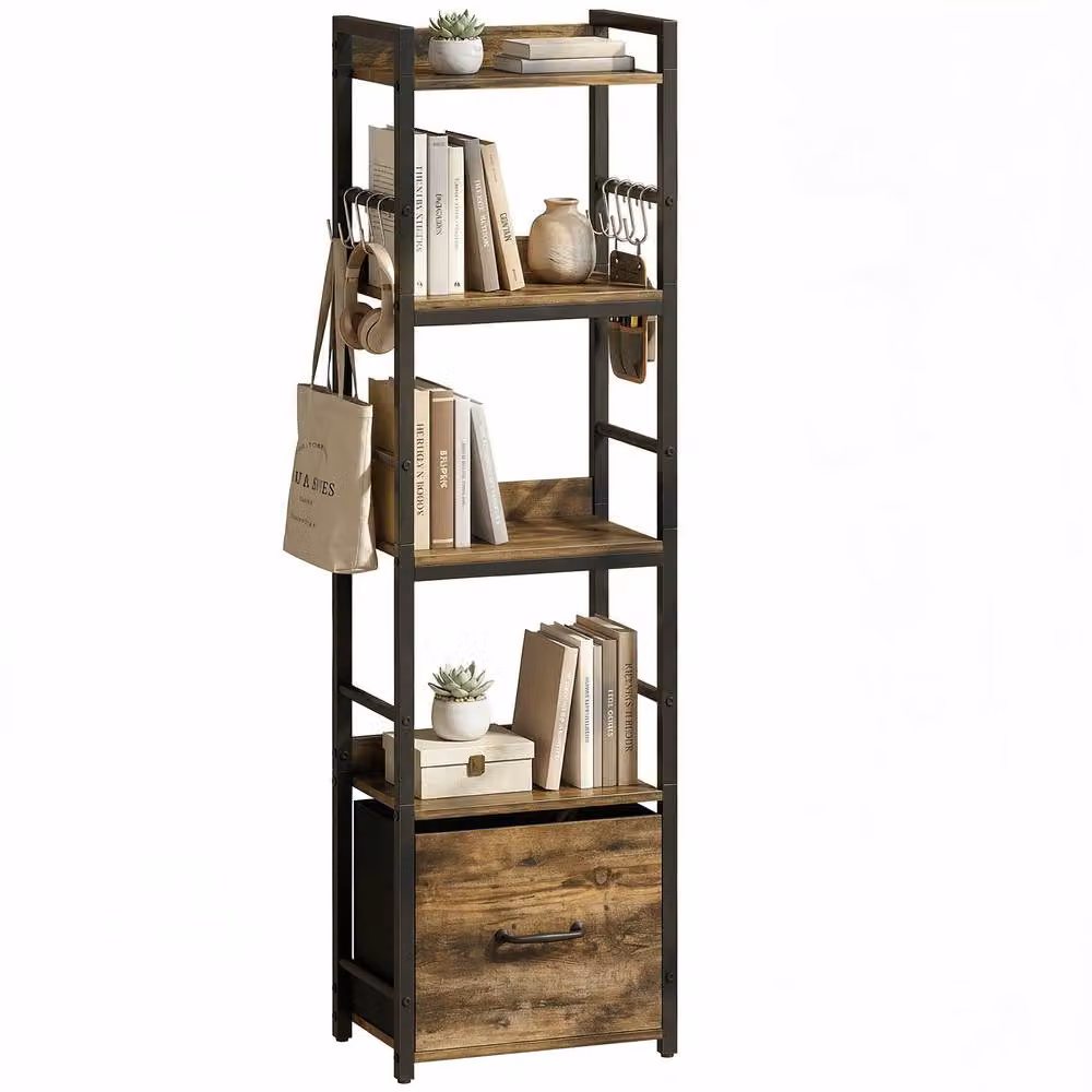 HOMCOM 4-Tier Bookshelf with Drawer and 8 Hooks, Rustic Brown, W: 39 cm, D: 26 cm, H: 136.5 cm – 2