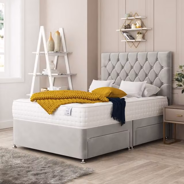 Bed Choices Windsor Upholstered Divan Bed with 2 Drawers, Mattress and 26 inch Chesterfield Headboard in Silver, Size: Super King (200 x 200 cm)