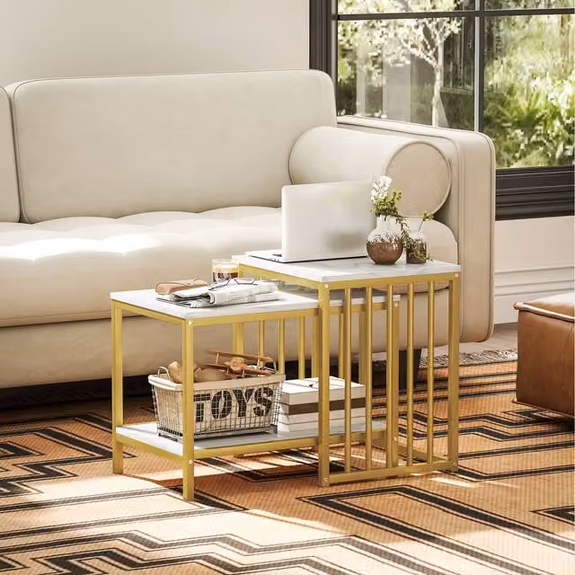 HOMCOM Modern Set of Two Nested Coffee Tables with Marble Effect Tops and Metal Frames in Gold, White and Black