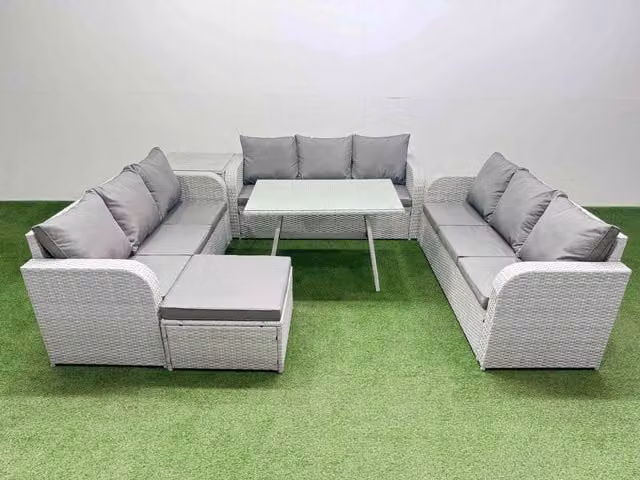 Fimous 10 Seat PE Rattan Garden Furniture Set with Side Table and Big Stool in Light Grey