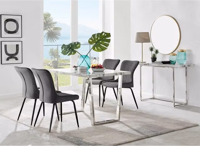 FurnitureboxUK Kylo White Marble Effect Rectangular Dining Table and 4 Nora Black Leg Chairs in Dark Grey