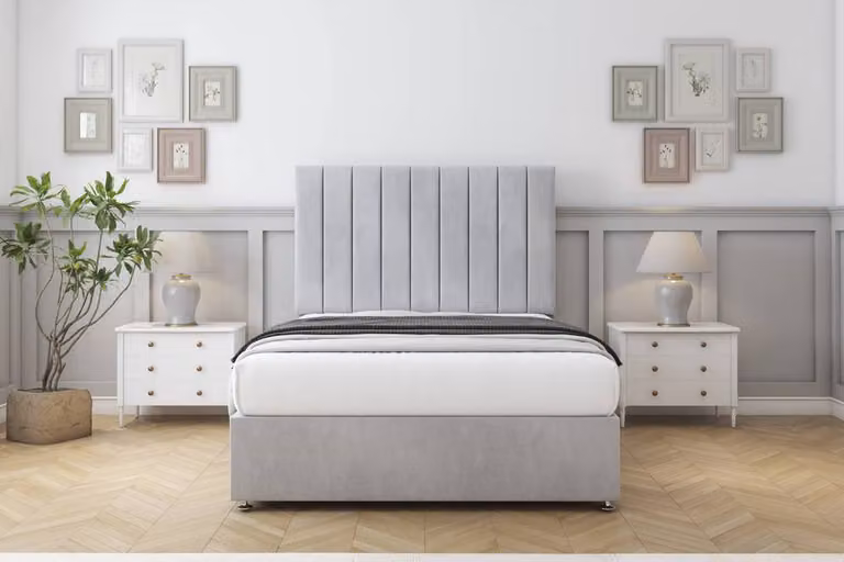 Sloomy Kansas Naples Divan Set with 26 inch Headboard in Silver, King Size, W/D/H: 180 x 200 cm