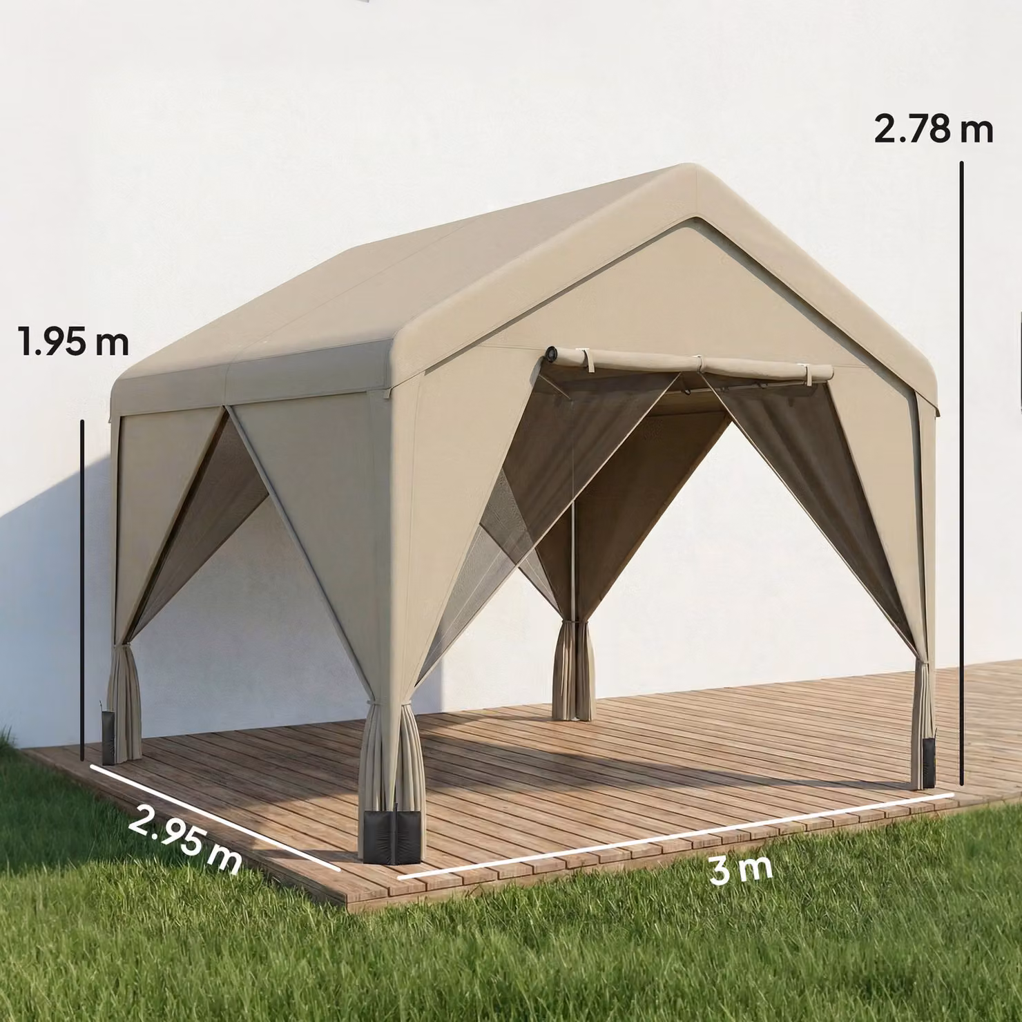 Outsunny Beige Gable Patio Gazebo with Netting and Curtains, Outdoor Canopy Shelter with Galvanised Steel Frame, W/D/H: 300 x 300 x 295 cm – 3