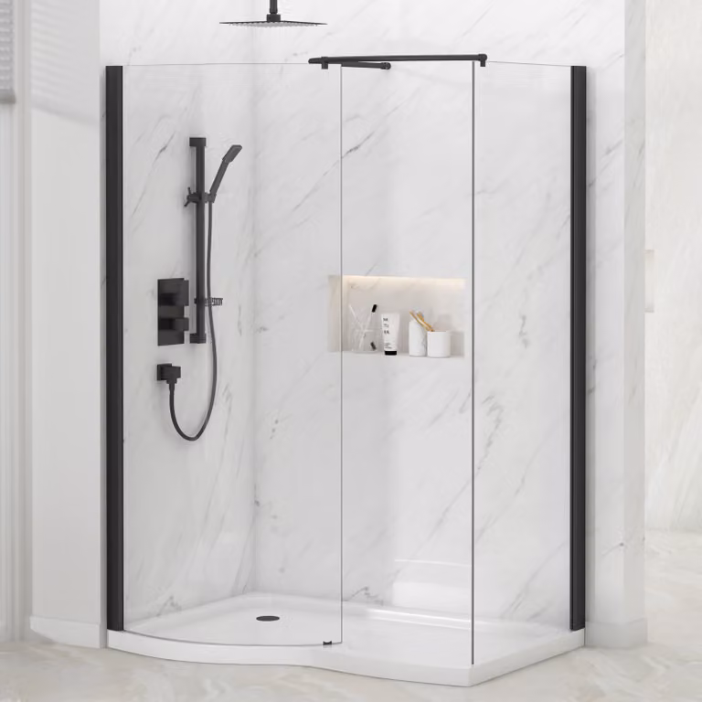 Royal Bathrooms Milan Curved Walk In Shower Enclosure with Tray, Matt Black, W: 140 cm, D: 90 cm, 8mm Clear Glass