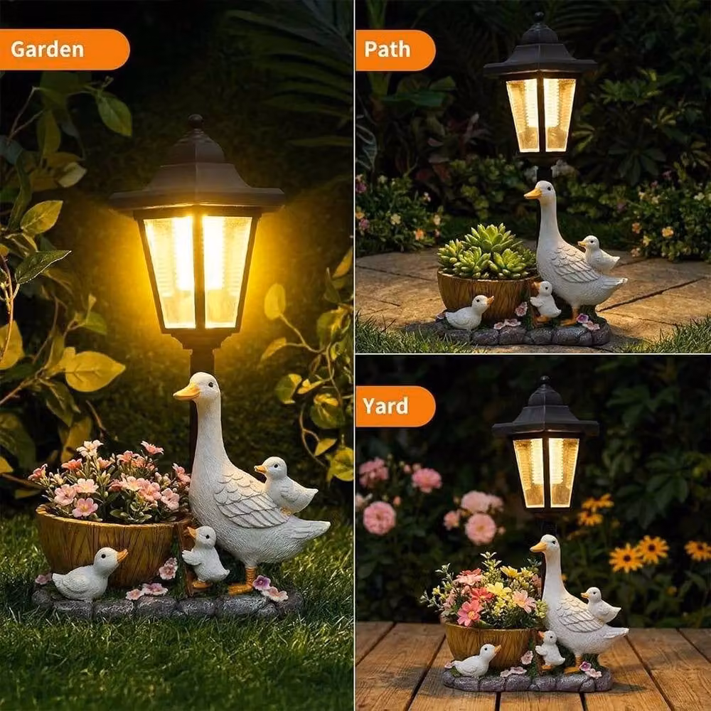 NESTLUNE Solar Duck Garden Statues with LED Lantern Flowerpot in White and Multicolour – 4