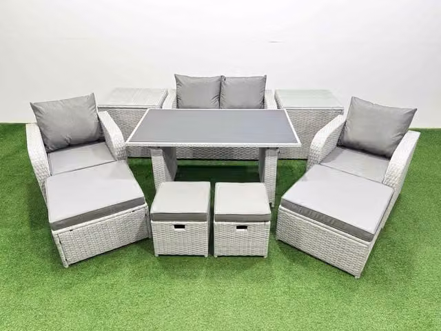 Fimous 8 Seater Patio Garden Furniture Set in Light Grey with 2 Side Tables and 4 Stools