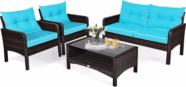 Costway 4 Piece Blue PE Rattan Patio Conversation Set