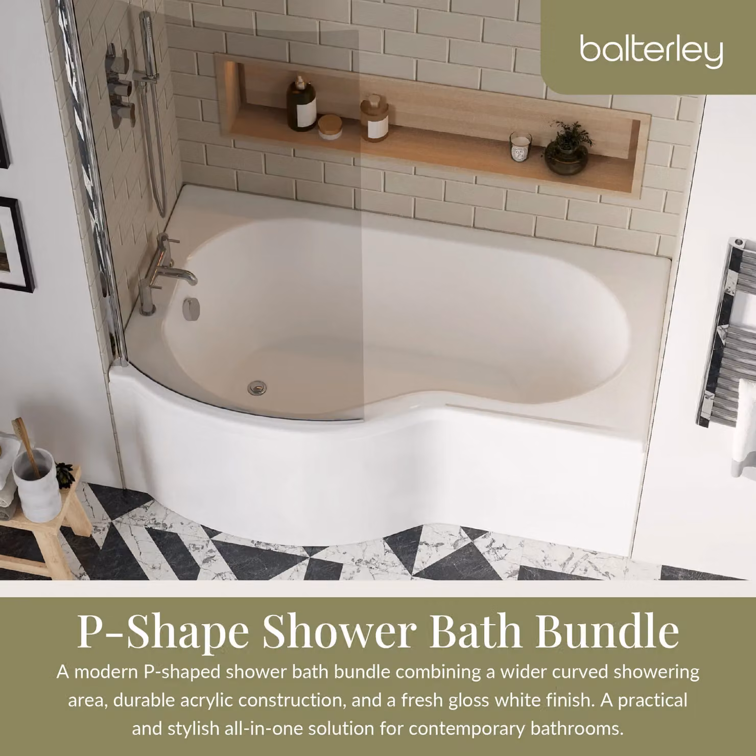 Balterley P Shape Square Shower Bath Screen and Front Panel, White, W: 150 cm – 2