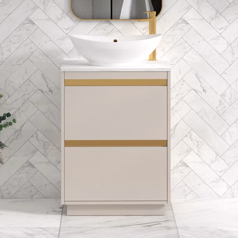 Royal Bathrooms Orion 800mm Warm Taupe Floor Standing Countertop Vanity Unit with 2 Drawers, Amaze Basin and Brushed Brass Accent Trim