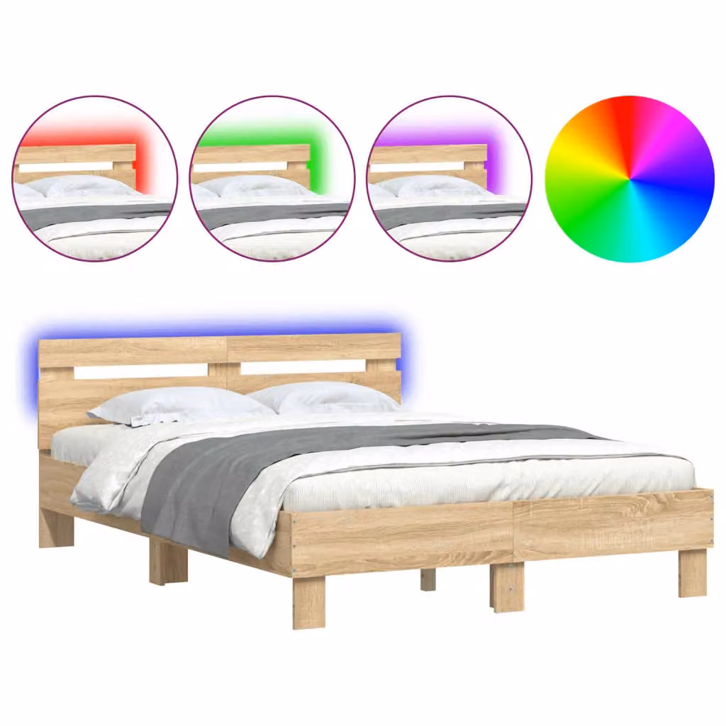 Berkfield Home Sonoma Oak Double Bed Frame with LED Lighting and USB Charging Port, Brown, W: 135 cm, L: 190 cm – 2