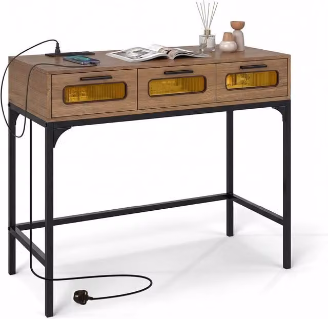 Gymax Khaki Console Table with LED Lights, Outlets and USB Ports, Width: 90 cm, Height: 75 cm – 1