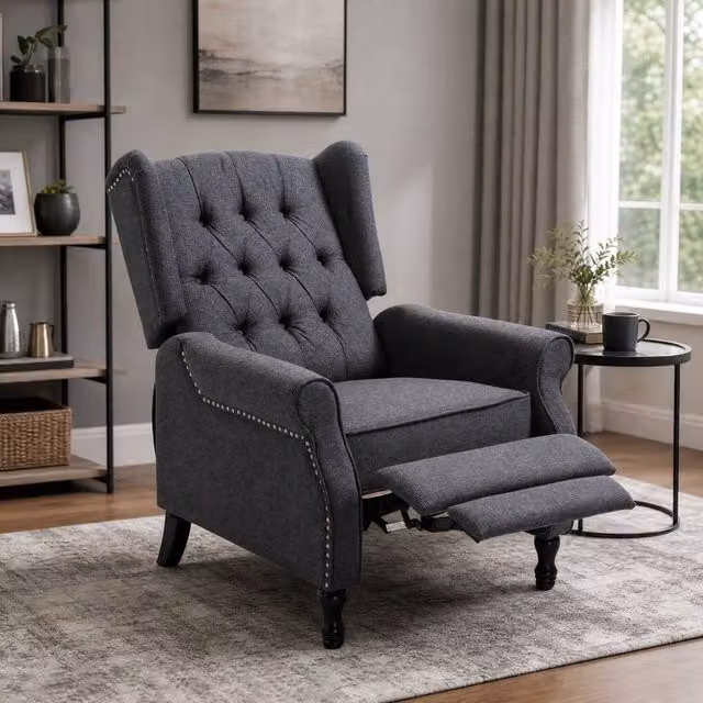 STILVORA Grey Fabric Recliner Armchair with Integrated Ottoman and Solid Wood Frame – 1