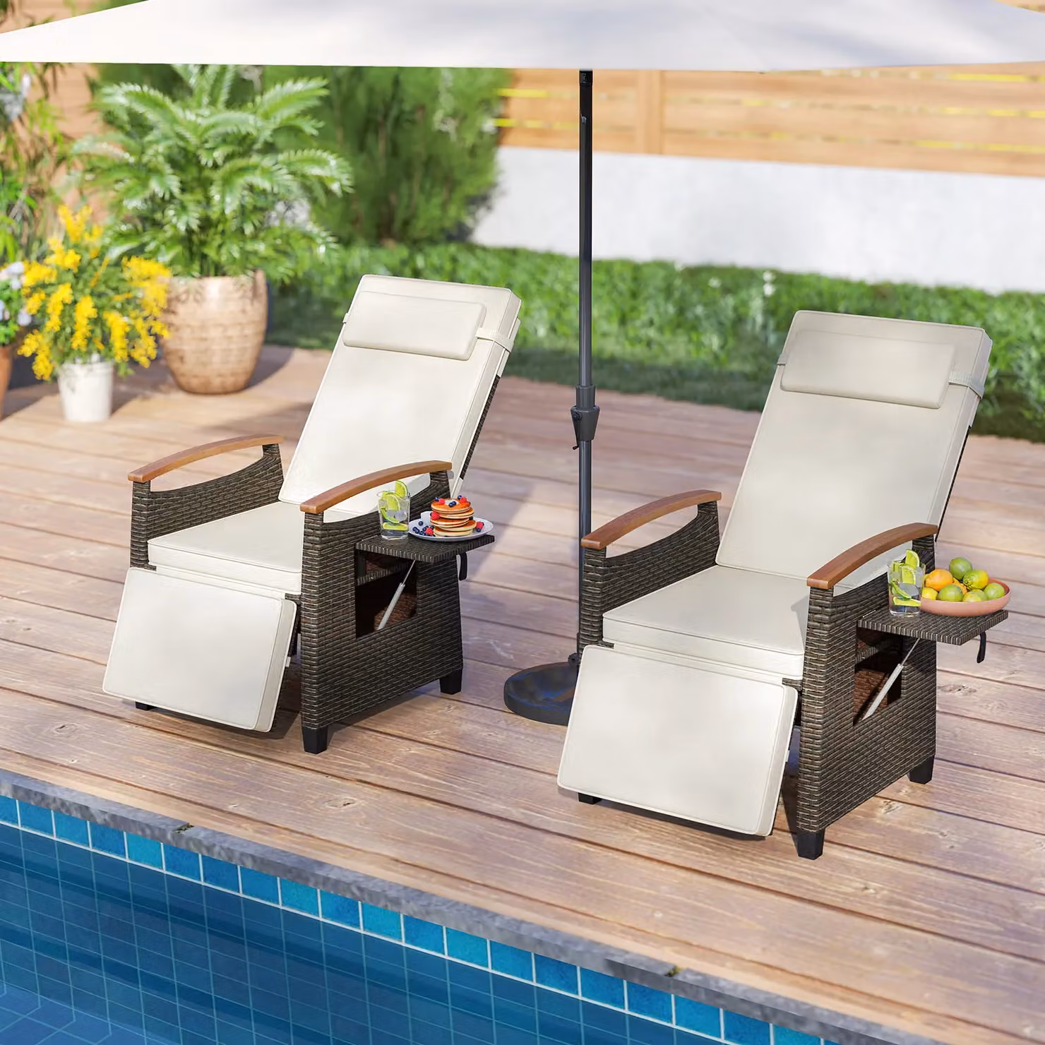 Costway White Rattan Patio Recliner Chair with Adjustable Backrest and Acacia Wood Frame – 8