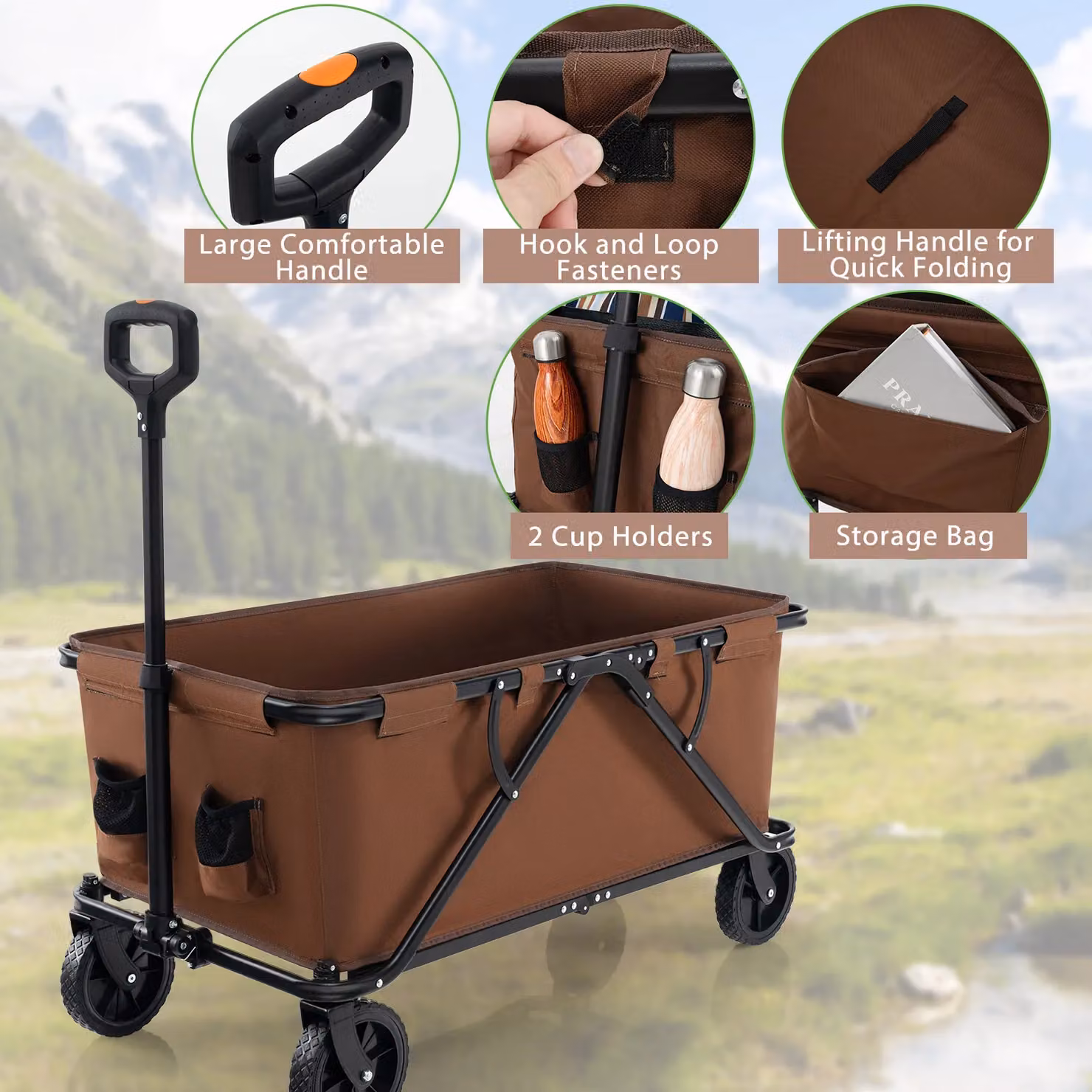 Costway Heavy-Duty Collapsible Foldable Wagon Cart with Adjustable Handlebar in Brown – 5