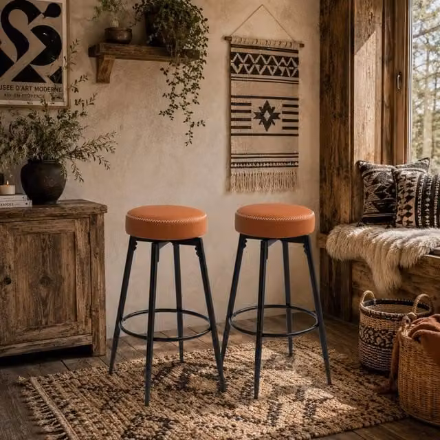 Wyld Haus Mativa Faux Leather Bar Stools Set of 2 in Brown and Black with 360 Degree Swivel and Metal Frame – 1