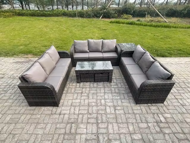 Fimous 11 Seater Rattan Garden Furniture Set in Grey with 3 Seater Sofa, Rectangular Coffee Table, Side Table and 2 Footstools
