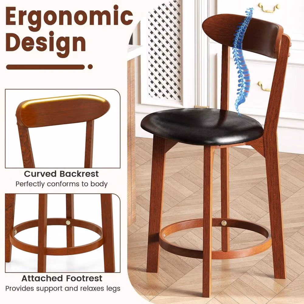 VOGREX Set of 2 Brown Walnut Curved Back Bar Stools with Synthetic Leather Upholstery – 6