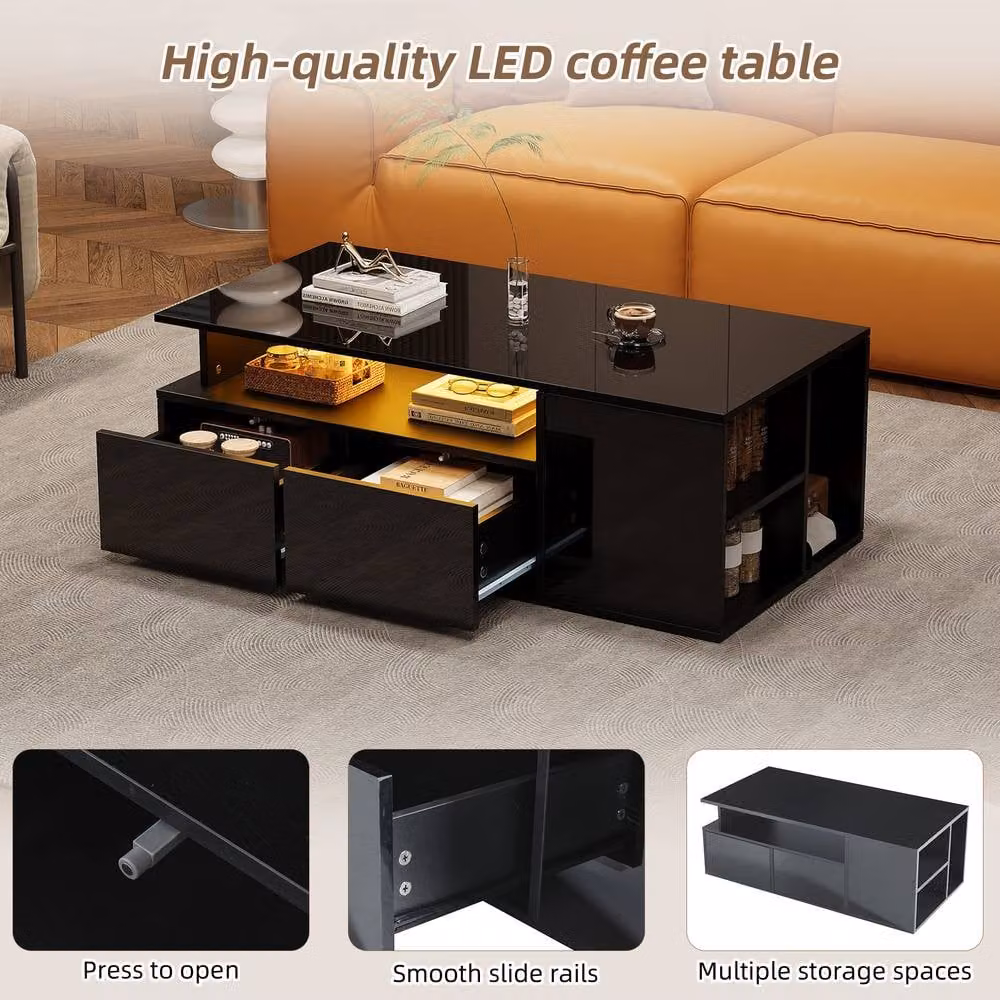 Rolipo Modern Black High Gloss LED Coffee Table with Drawers – 3
