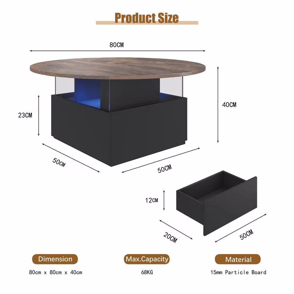 KEEPREAPER Round LED Coffee Table with Storage and 2 Sliding Drawers in Brown Acrylic – 2