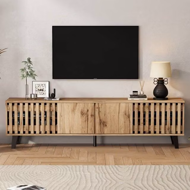 Rolipo Scandinavian Natural Wood TV Stand in Brown, 180 cm Wide with 4 Doors – 1