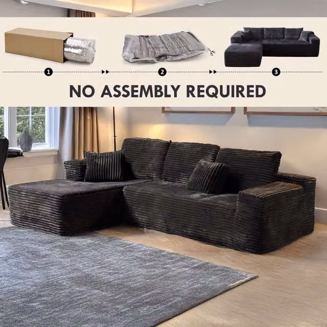 MN Furniture Modern Compact Left Corner L-Shape Sofa in Black with Scatter Cushions