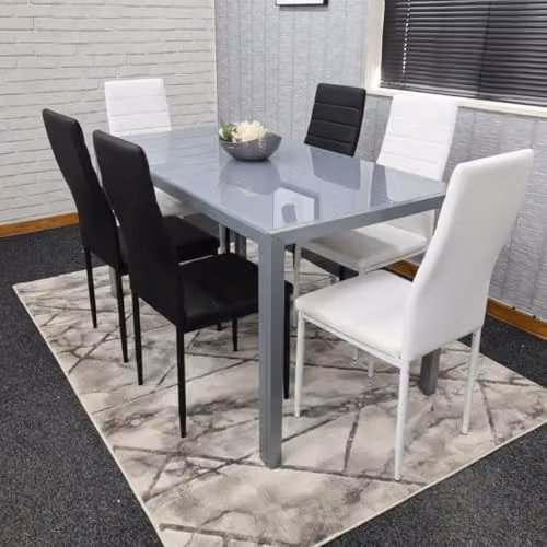 Kosy Koala Modern Rectangular Grey Glass Dining Table Set with 6 Mixed Colour Metal Chairs