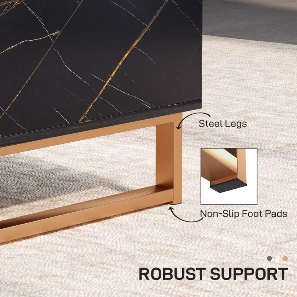 STILVORA Modern Rectangular Coffee Table with Drawer and Shelves in Black Marble Effect and Gold Metal Sled Base – 6