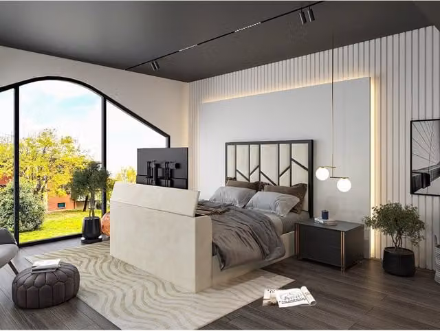 Casani Modern Metal Bed Frame in Beige Velvet, 180 x 200 cm