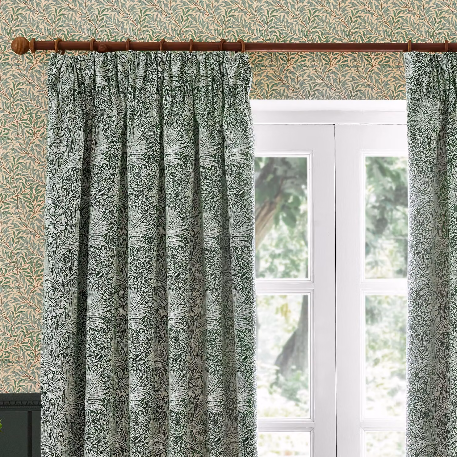 Morris & Co Marigold Jacquard Floral Pencil Pleat Curtains in Green, Width: 168 cm, Drop: 229 cm – 3
