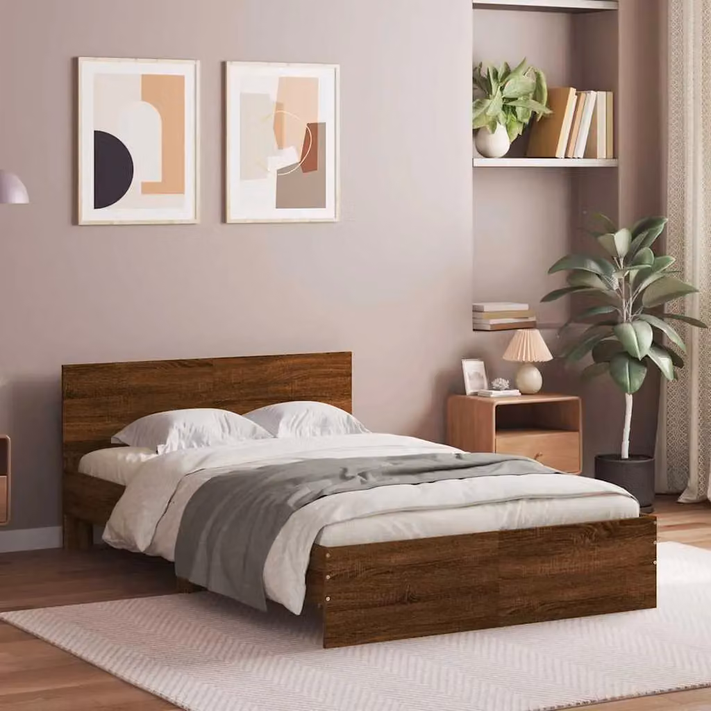 Berkfield Home Modern Bed Frame with Headboard, LED Under-Bed Lighting and USB Charging Port, Brown Oak, W: 140 cm, L: 190 cm – 3