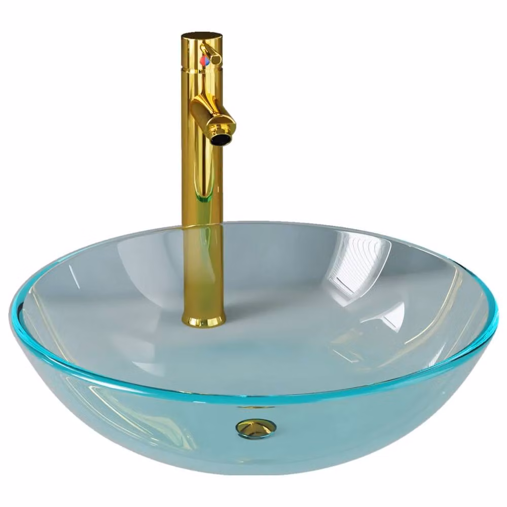 Berkfield Home Round Clear Tempered Glass Countertop Bathroom Sink with Gold Tap and Push Drain, Diameter: 42 cm, Height: 13 cm – 2