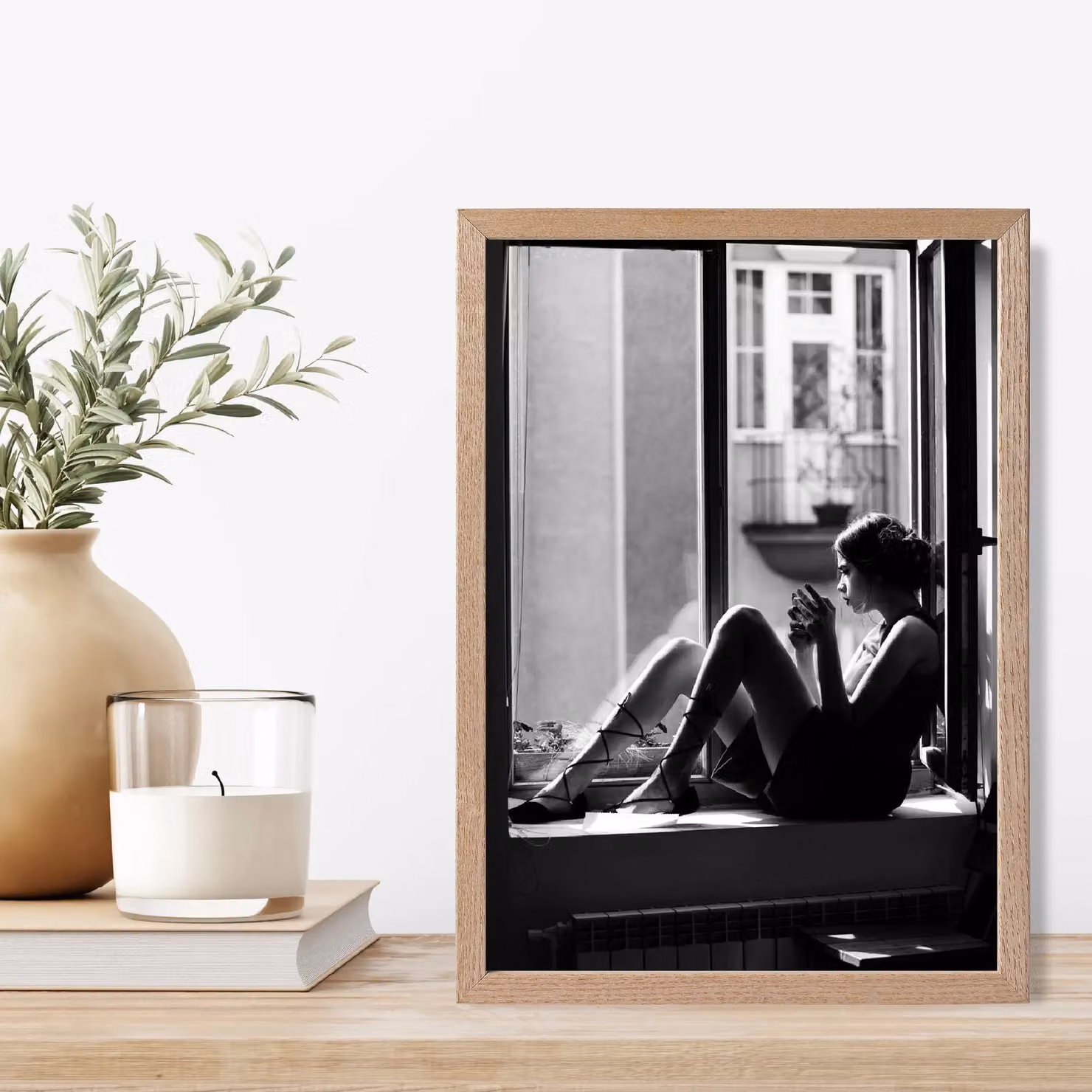 ARTZE Girl in Window Black and White Photo Framed Print with Oak Frame, A2 – 2