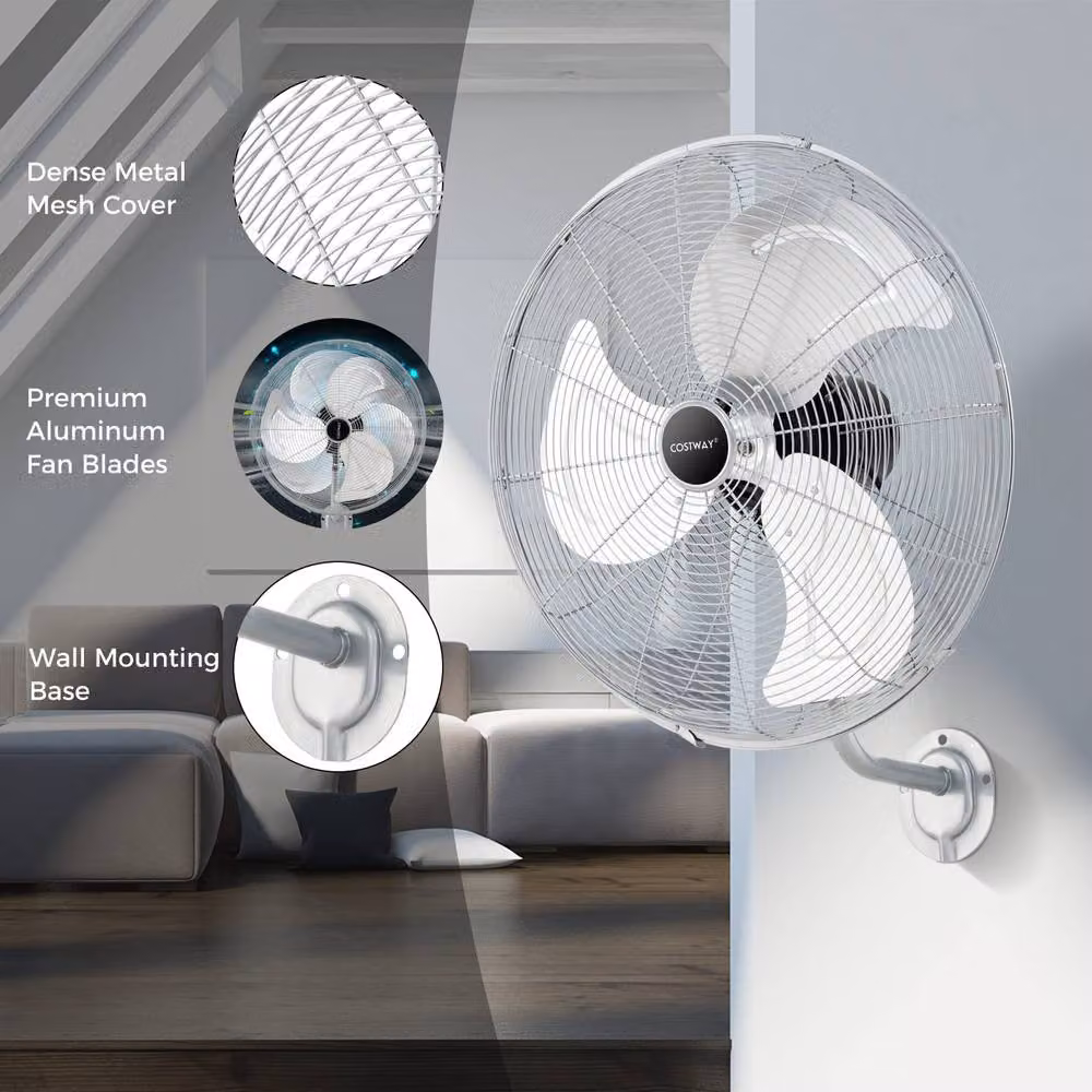 Gymax 20 Inch Heavy Duty Metal Wall Mount Fan with 3 Speeds and Oscillation in Silver – 2